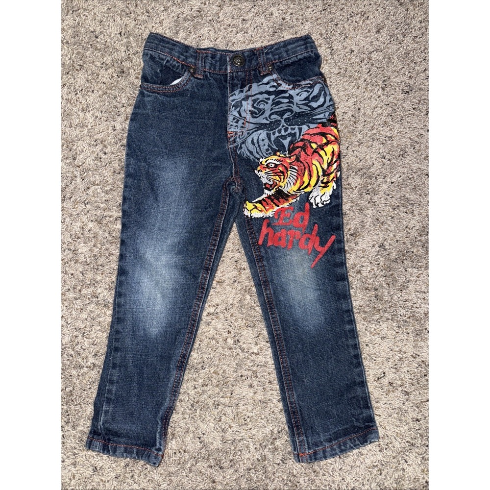 Ed‎ Hardy Baby Y2K  Tiger Jeans Denim Pants Embroidered Size 4T Dark Blue Wash